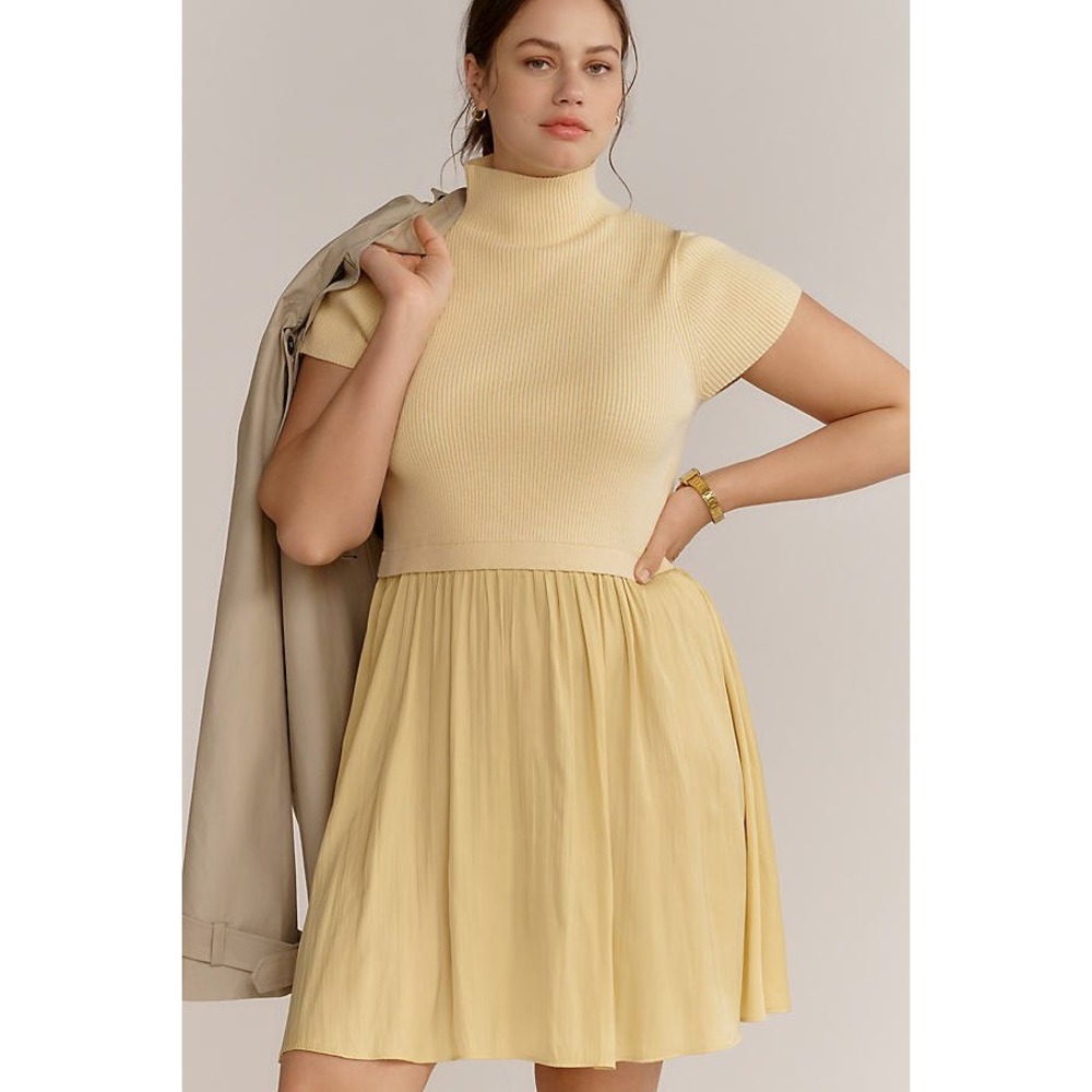 NWT Anthropologie Thea Yellow Mixed Media Pleat Mock Neck Twofer Dress L Preppy
